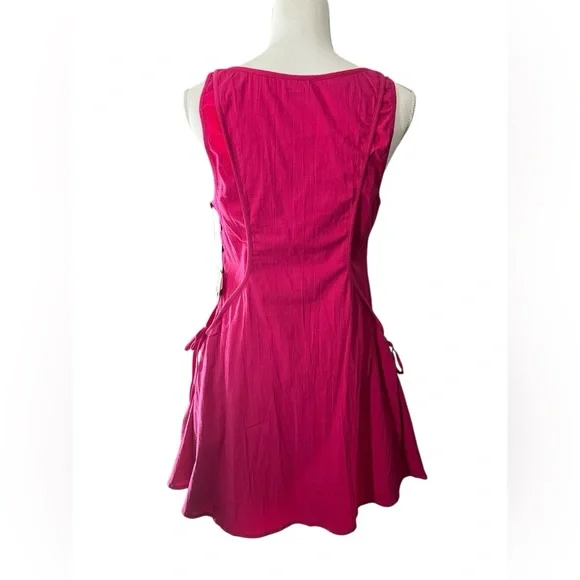 Free People Forever fancy Hot Pink Mini Dress Tie sides with buttons Size S NWT - Picture 7 of 11